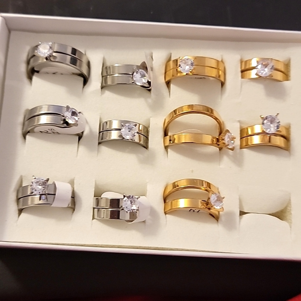 11 Sets New Stainless Steel Solitaire Cut Cubic Zirconia Wedding Ring & Band